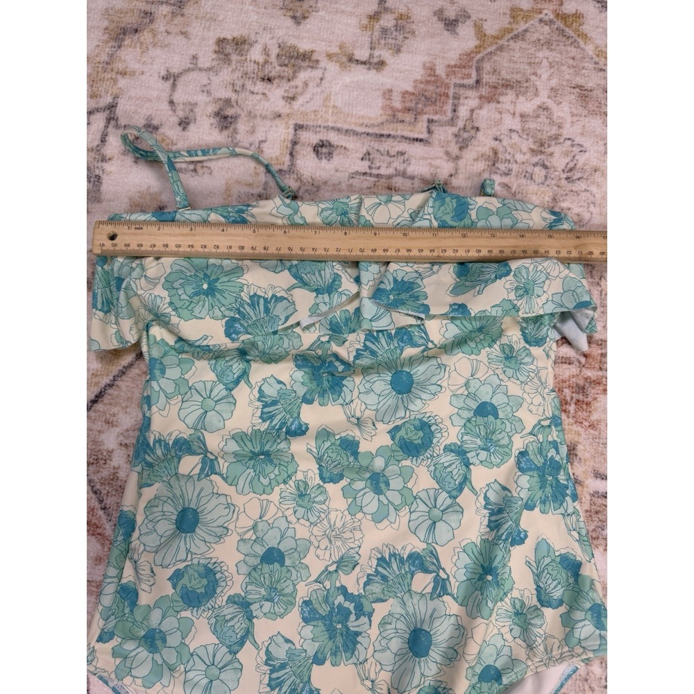 NEW Shade & Shore Womens Large Blue Floral Ruffle Bandeau One Piece Swimsuit - Picture 3 of 9